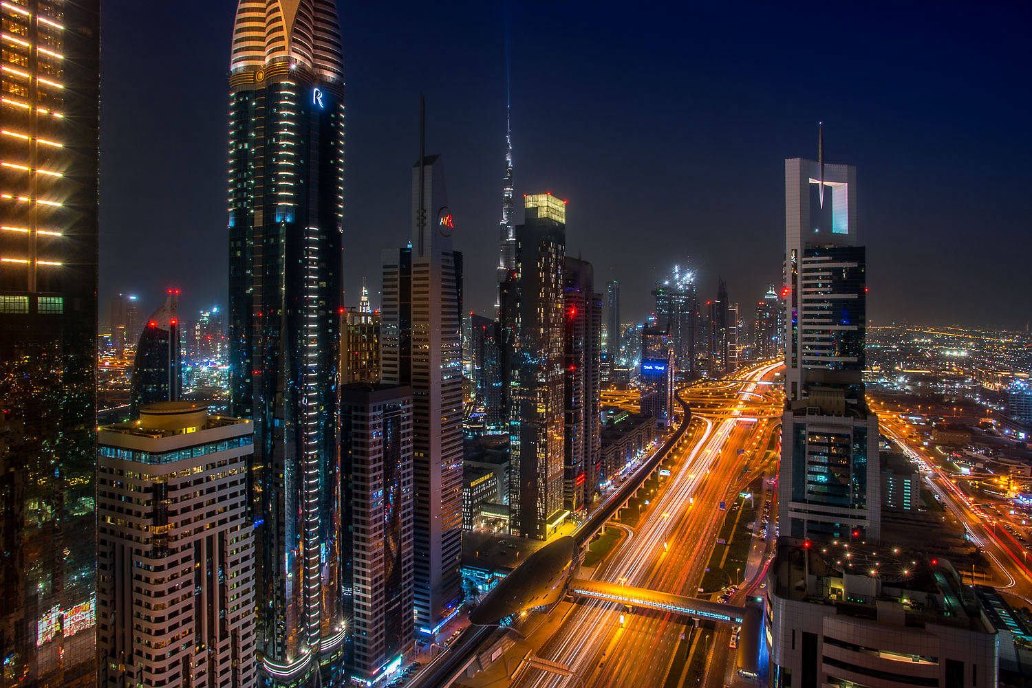 dubai sky line at night, ariel view of skyskrapers  